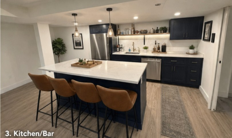 Basement kitchen and bar with navy cabinets and quartz island