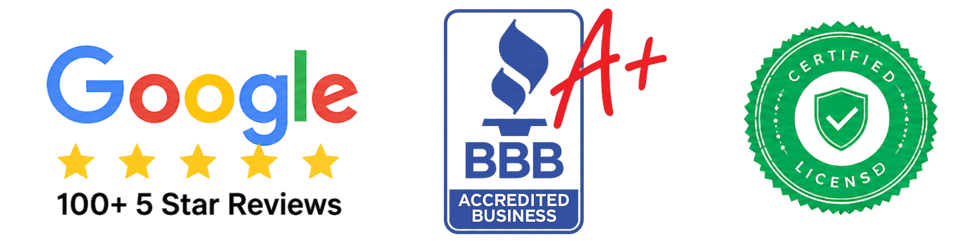 100+ 5 Star Google Reviews, BBB A+ Accredited Business, Certified & Licensed