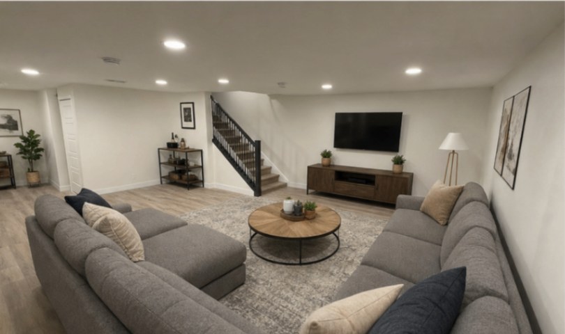 Basement living room with sectional and mounted TV