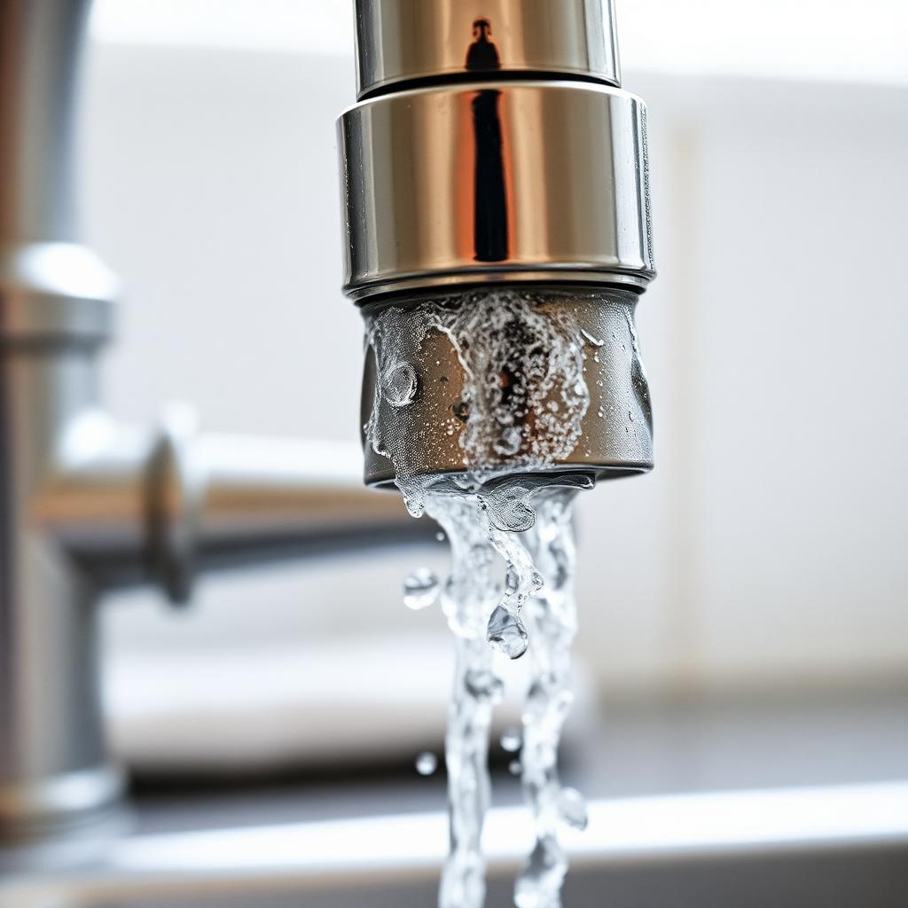 Faucet with visible white mineral scale buildup from hard water.