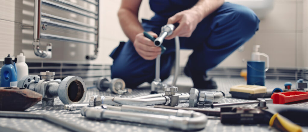A man is repairing a bathroom sink, focused on his task with tools and materials nearby. All Systems Go.