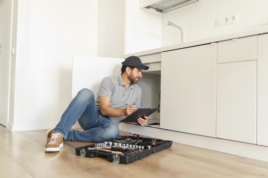 A man sitting on the floor with a laptop and toolbox, focused on his work, with the phrase "All Systems Go" nearby.